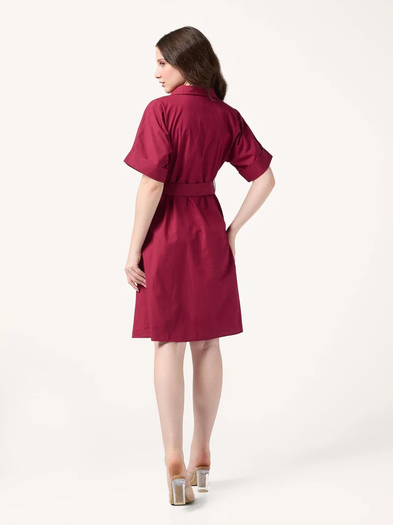 Outzidr  Wine Shirt Dress With Print And Belt Detail for Women | Best Price UAE